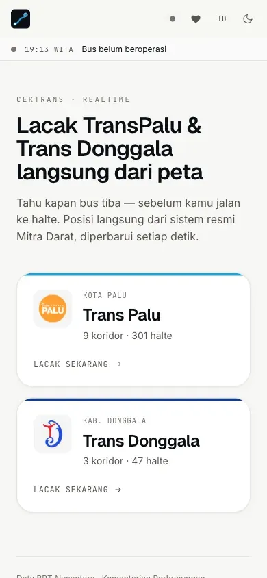 Halaman utama cektrans dengan pemilih kota TransPalu dan Trans Donggala