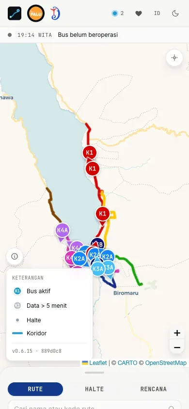 Peta realtime koridor TransPalu dengan posisi bus berwarna