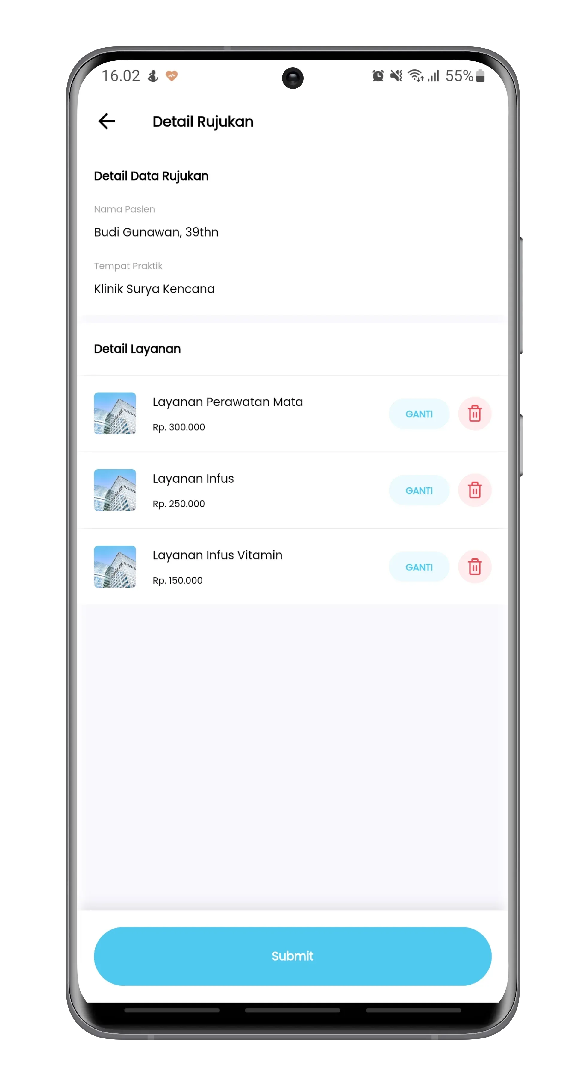 Pratinjau aplikasi Detexi — detail rujukan layanan medis