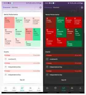 Aplikasi consumer fintech (redacted) — perbandingan light vs dark mode pada layar discover/market