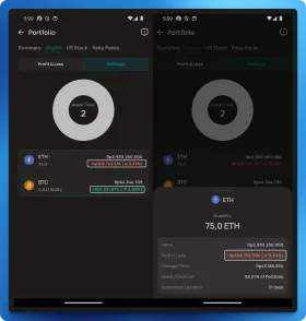 Aplikasi consumer fintech — rincian aset dengan card list